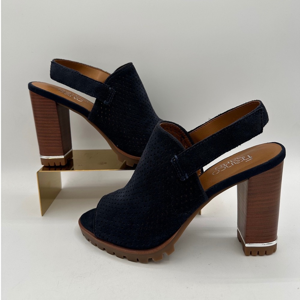 FRANCO SARTO Austin Navy Blue Suede Perforated Lug High Heel Slingback Sandals 7 - Picture 2 of 13